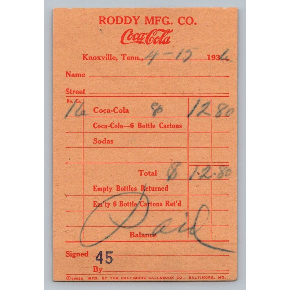 1936 Coca-Cola Receipt Roddy Mfg. Co. Knoxville Tn Vintage Ephemera Red Invoice